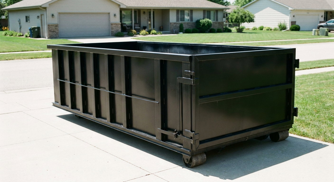 Matte-black 10-yard roll-off dumpster on a residential concrete driveway in Sheboygan, uniformly painted matte black across every panel and rail, ribbed steel sidewalls and rear swing door visible, mid-day daylight.