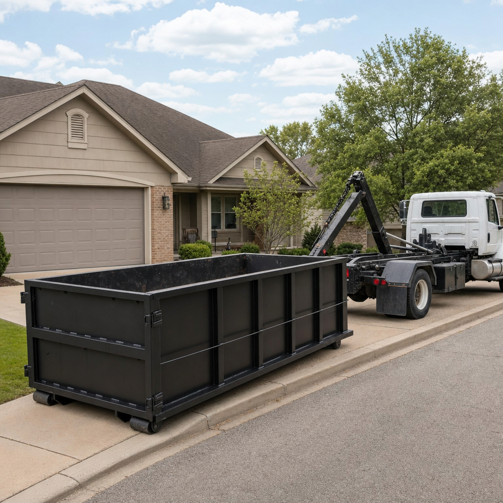 Wide documentary shot of a matte-black roll-off dumpster on a Sheboygan residential driveway in the foreground and a contractor jobsite container in the soft-focus background, bright daylight, calm and orderly composition.