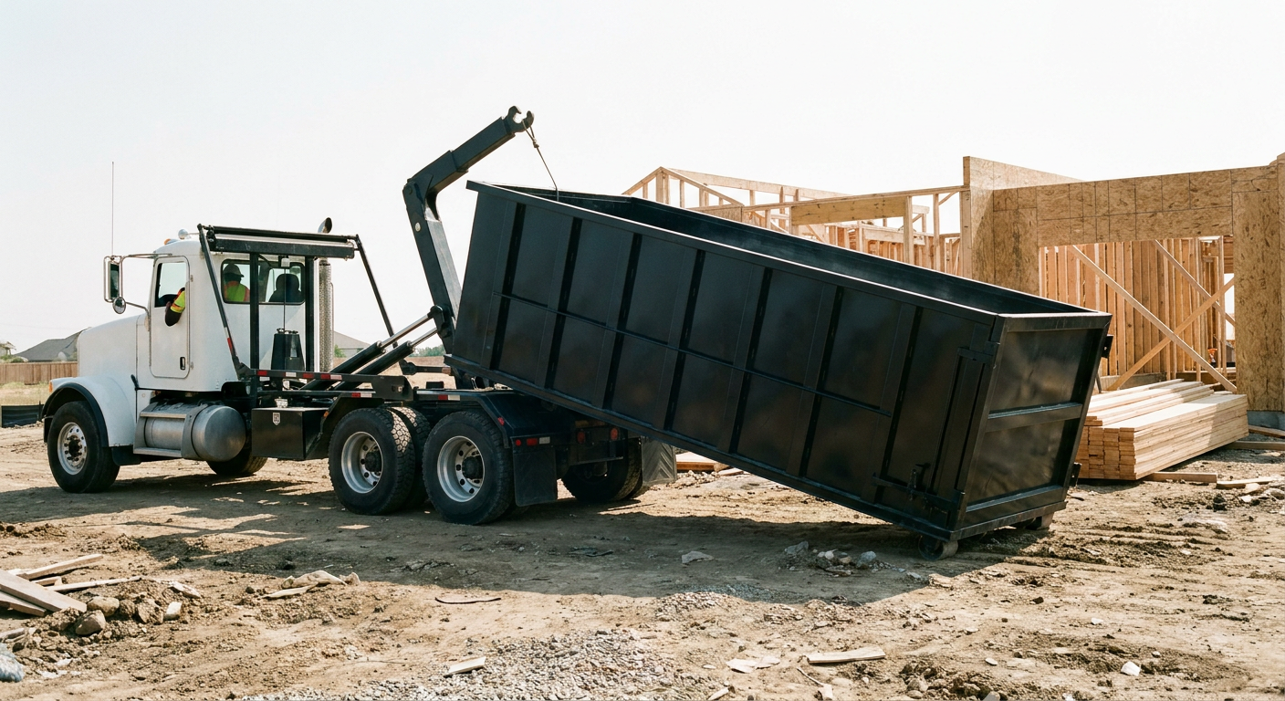Matte-black roll-off dumpster being delivered onto a clean residential concrete driveway in Sheboygan by an unmarked white hooklift hauler truck, bright morning daylight, documentary 35mm perspective.